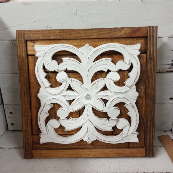 Handmade Wood Wall Art Panel – Rustic White Scroll Decor Farmhouse Home - Picture 1 of 9